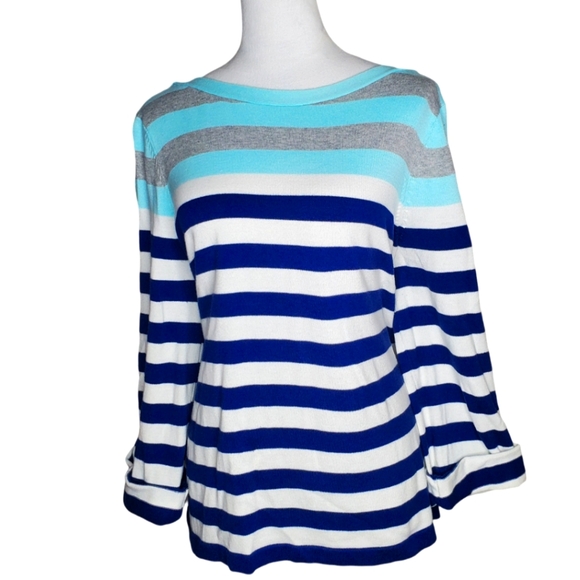 IZOD 100% Cotton Multicolor Boatneck Striped Pullover With Roll Tab Sleeves - Picture 2 of 6